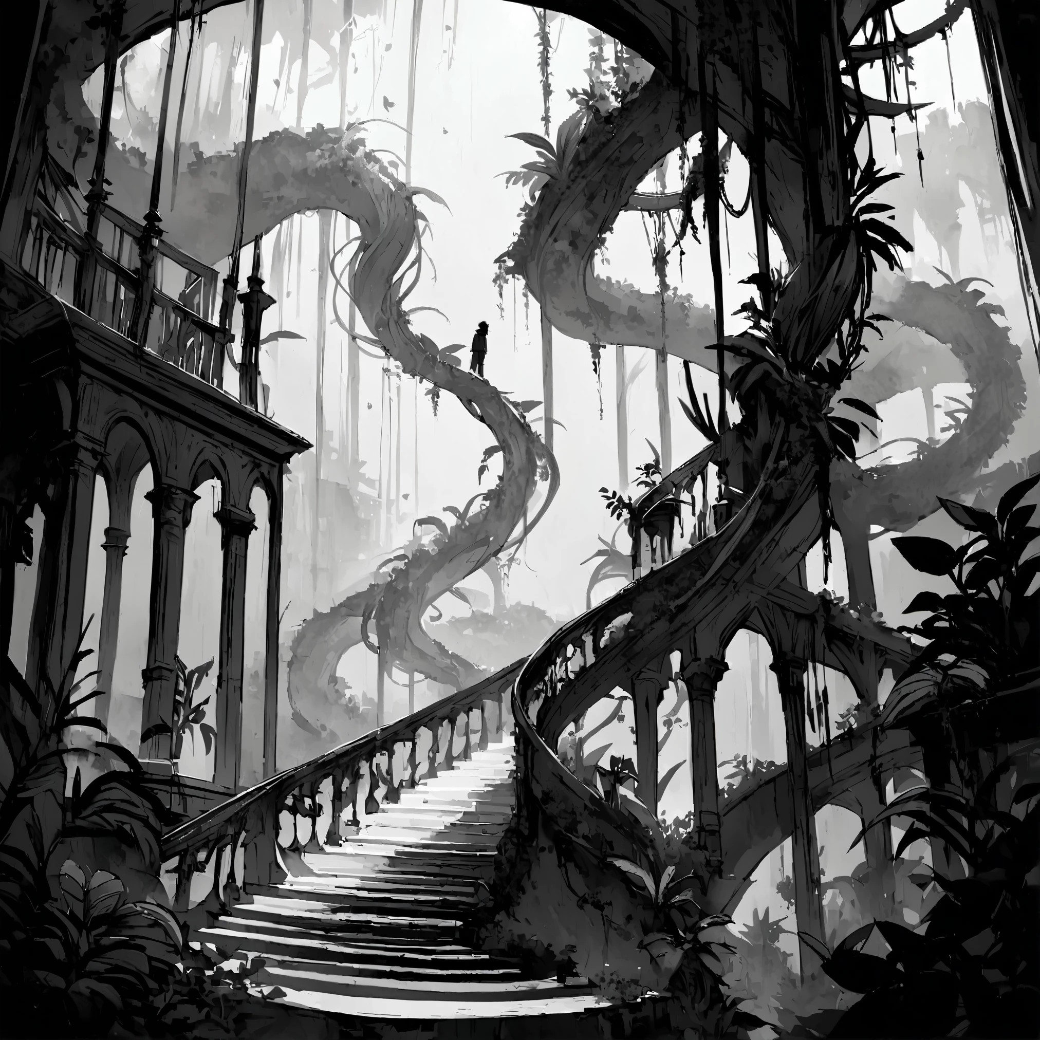 Gloomy boy climbing a white staircase with twisted plants. In black and white, Dark details.