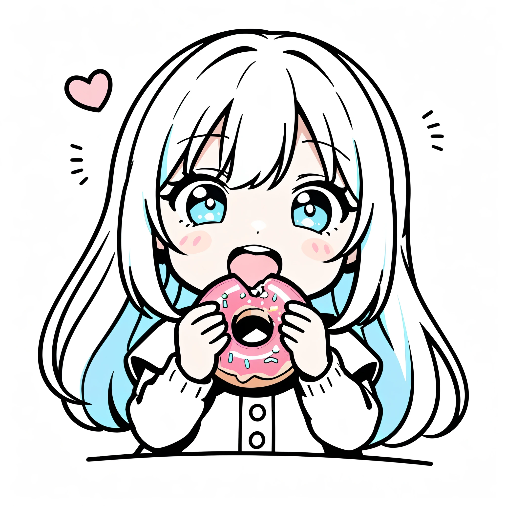 ((Simple Bold Line Drawing)),Expression, cute expression, a chibi little girl is eating a doughnut, her eyes are shining, very happy