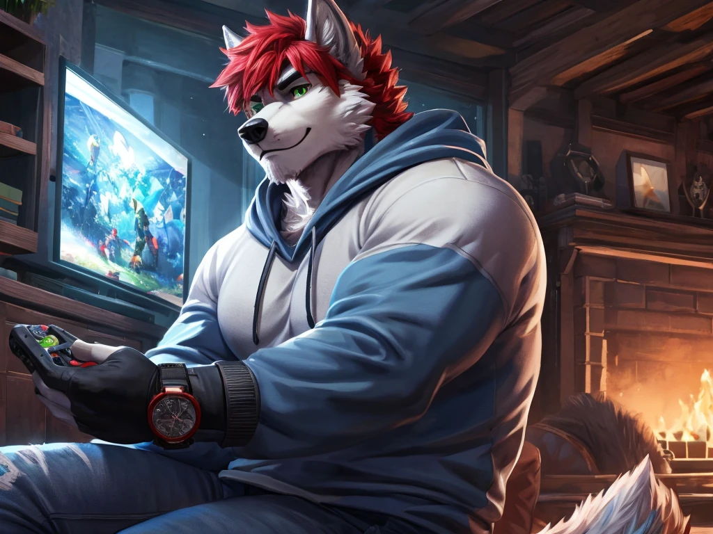 ((best quality)), ((masterpiece)), (Ultra detailed), ((4k)) , Solo , Anthro Wolf , Light Blue Fur , Red hair , Short Hair , Handsone , Good Looking , Green Eyes, (Eyes Details), Middle Ages , Huge Pecs , Muscular Fat ,
Sweatshirt , Long Sleeve , Wrist Watch , Wearing Jeans, Black Gloves , Gaming , Cool pose