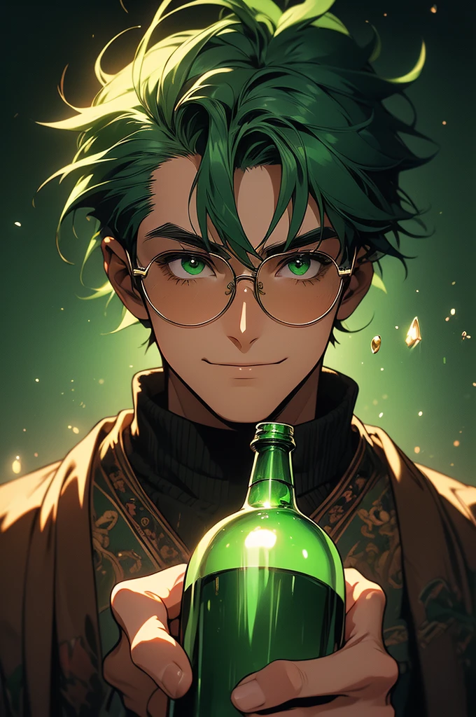 (masterpiece, 32k, 8k, very detailed image, professional anime studio style) man, 30s, youthful face, gentle countenance, shaved green hair, deep green emerald eyes, contagious smile, holding a bottle of potion, medieval clothing , background with a wide field, very dark brown skin, (round glasses)