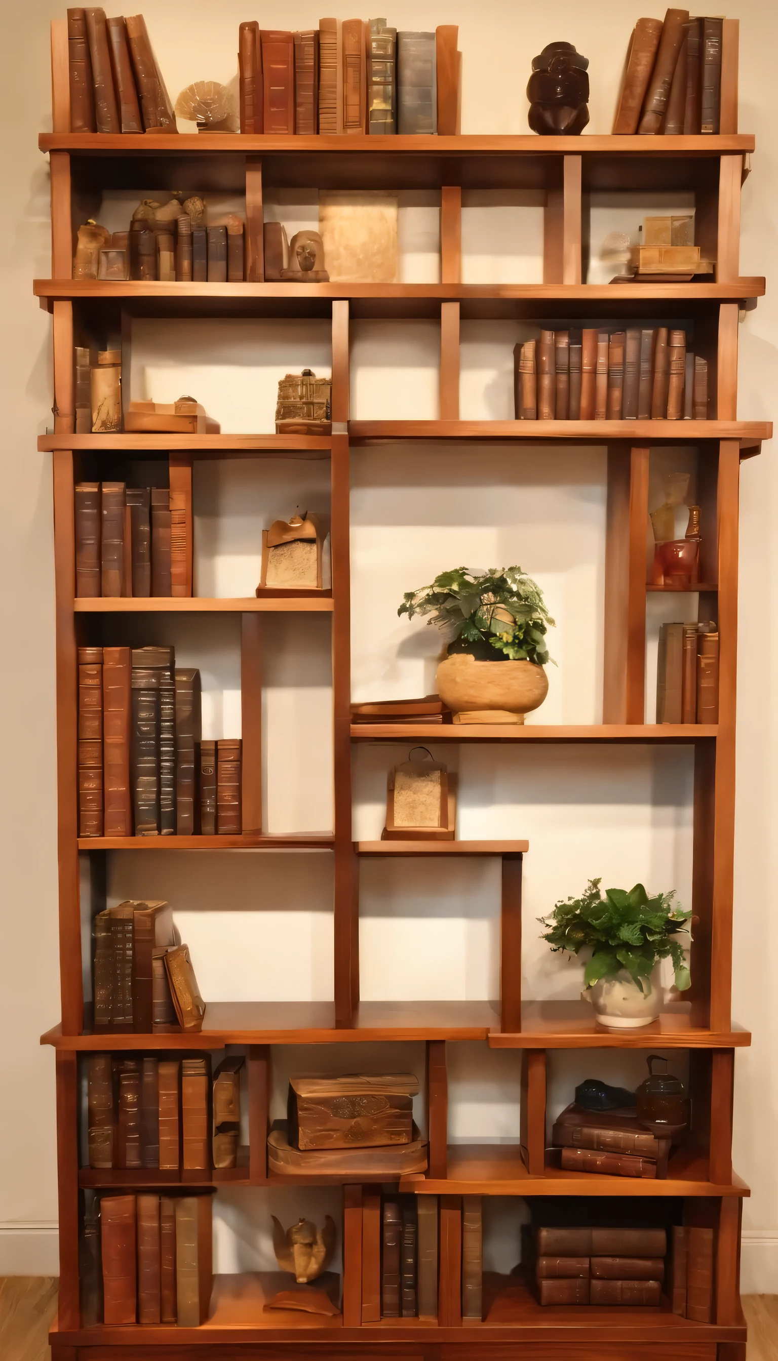 Design a cozy and well-organized bookshelf made of warm-toned wood. Fill it with various books, decorative items (such as framed pictures, small sculptures, and boxes).
