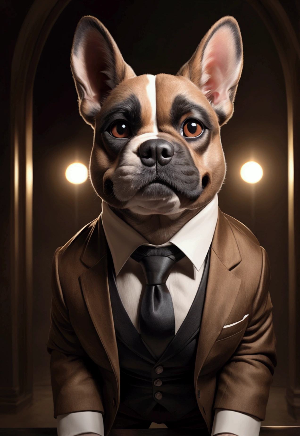 French Bulldog head, (dog:1), brown suit, interlaced, dramatic lighting, masterpiece, best quality, photorealistic, hyperrealistic Perfect centering, Wearing a black suit with a red tie, smiling, Standing position, Abstract beauty, Centered, Looking at the camera, Facing the camera, nearing perfection, Dynamic, Highly detailed, smooth, Sharp focus, 8K