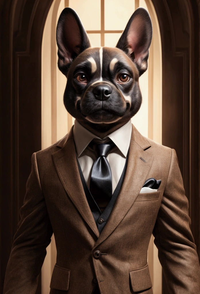 French Bulldog head, (dog:1), brown suit, interlaced, dramatic lighting, masterpiece, best quality, photorealistic, hyperrealistic Perfect centering, Wearing a black suit with a red tie, smiling, Standing position, Abstract beauty, Centered, Looking at the camera, Facing the camera, nearing perfection, Dynamic, Highly detailed, smooth, Sharp focus, 8K