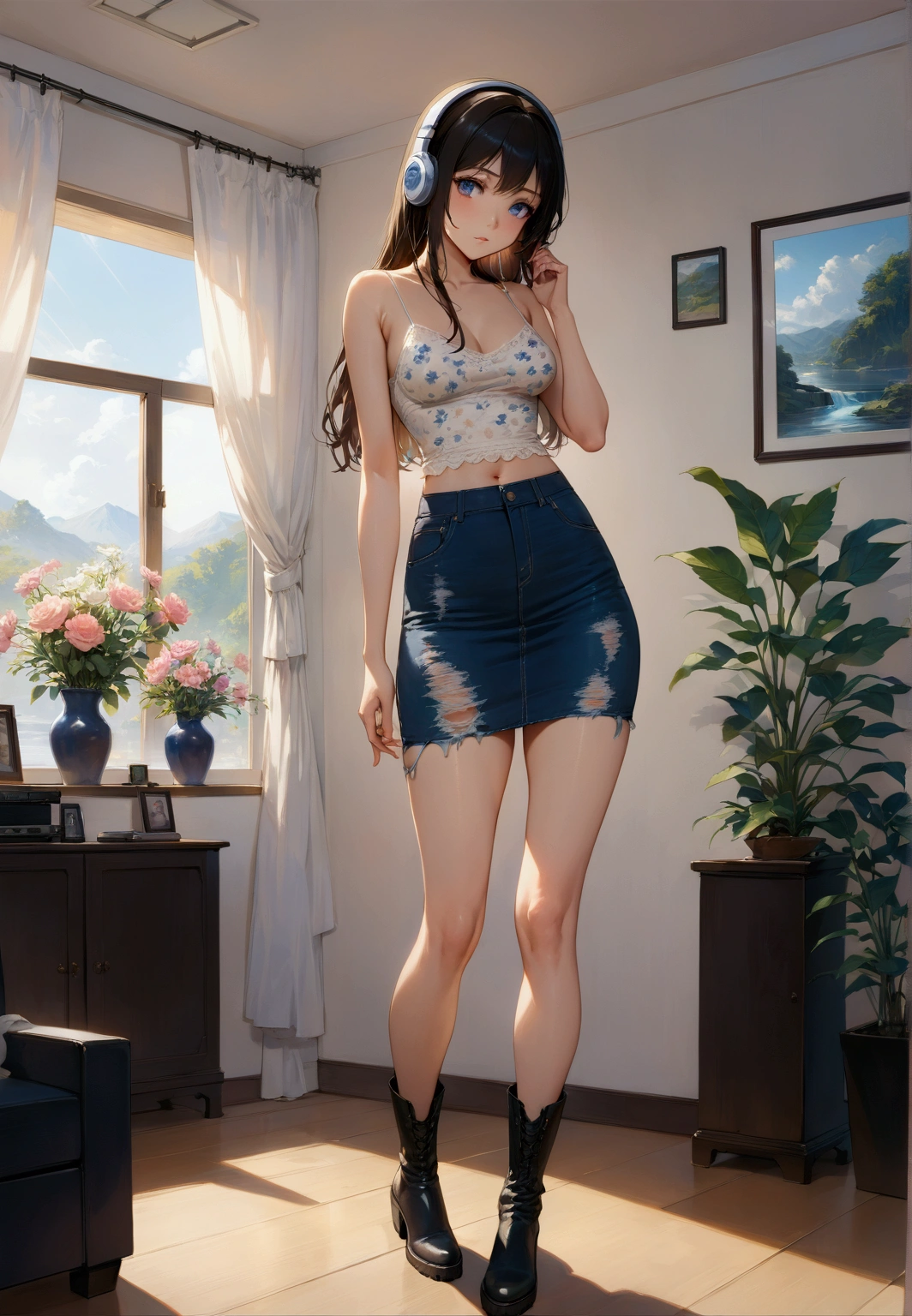 realistic anime of a cute young long hair woman with headphone on living room, standing, warm lighting, (she has a black hair without bangs ), (wearing white  spaghetti strap, frings spaghetti strap, flowers print spaghetti strap, navy-blue ripped denim pencil skirt, black boots), (1girl, solo, full body), (masterpiece, best quality, expressive eyes, perfect face, japanese anime style)