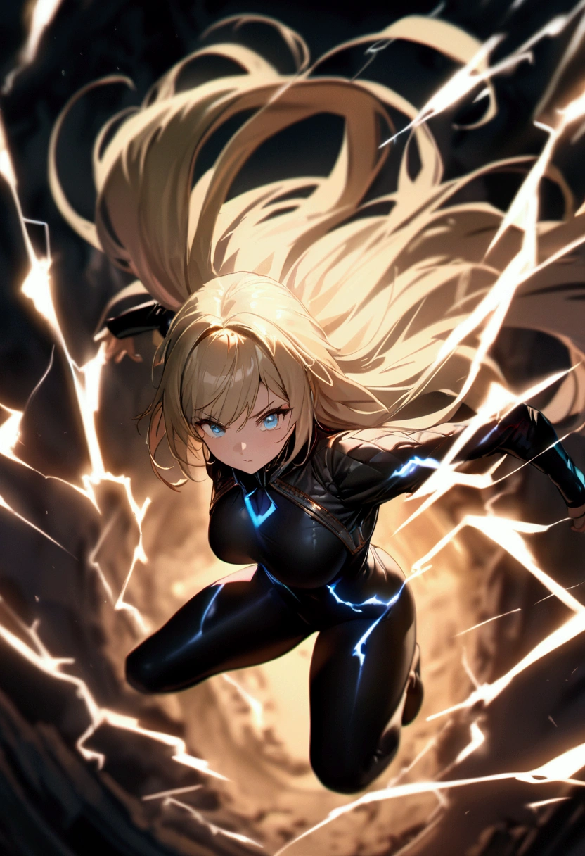 blonde, long flowing hair, cinematic, light blue eyes, glowing effect, electricity, 1 girl, beautiful girl, dark black leggings, small open black jacket, jumping in air, epic, masterpiece, futuristic, flowing lightning energy around body, Lightning Glow effect, very detailed, action pose, from above view depth of field, muscle definition.
