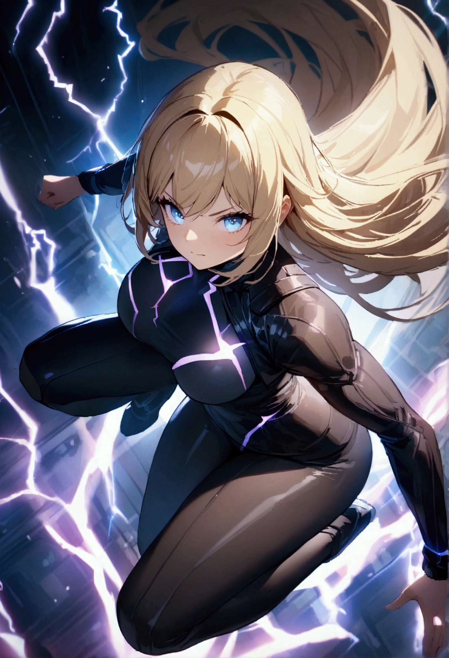 blonde, long flowing hair, cinematic, light blue eyes, glowing effect, electricity, 1 girl, beautiful girl, dark black leggings, small open black jacket, jumping in air, epic, masterpiece, futuristic, flowing lightning energy around body, Lightning Glow effect, very detailed, action pose, from above view depth of field, muscle definition.
