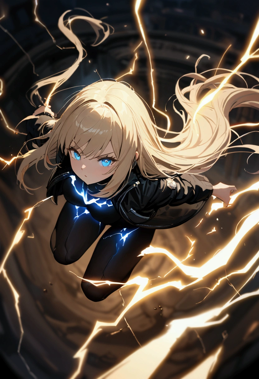 blonde, long flowing hair, cinematic, light blue eyes, glowing effect, electricity, 1 girl, beautiful girl, dark black leggings, small open black jacket, jumping in air, epic, masterpiece, futuristic, flowing lightning energy around body, Lightning Glow effect, very detailed, action pose, from above view depth of field, muscle definition.
