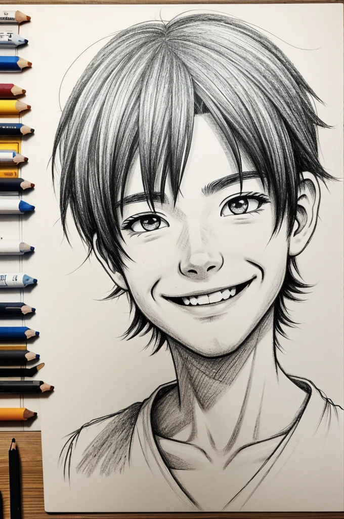 a drawing of a Smiling anime boy