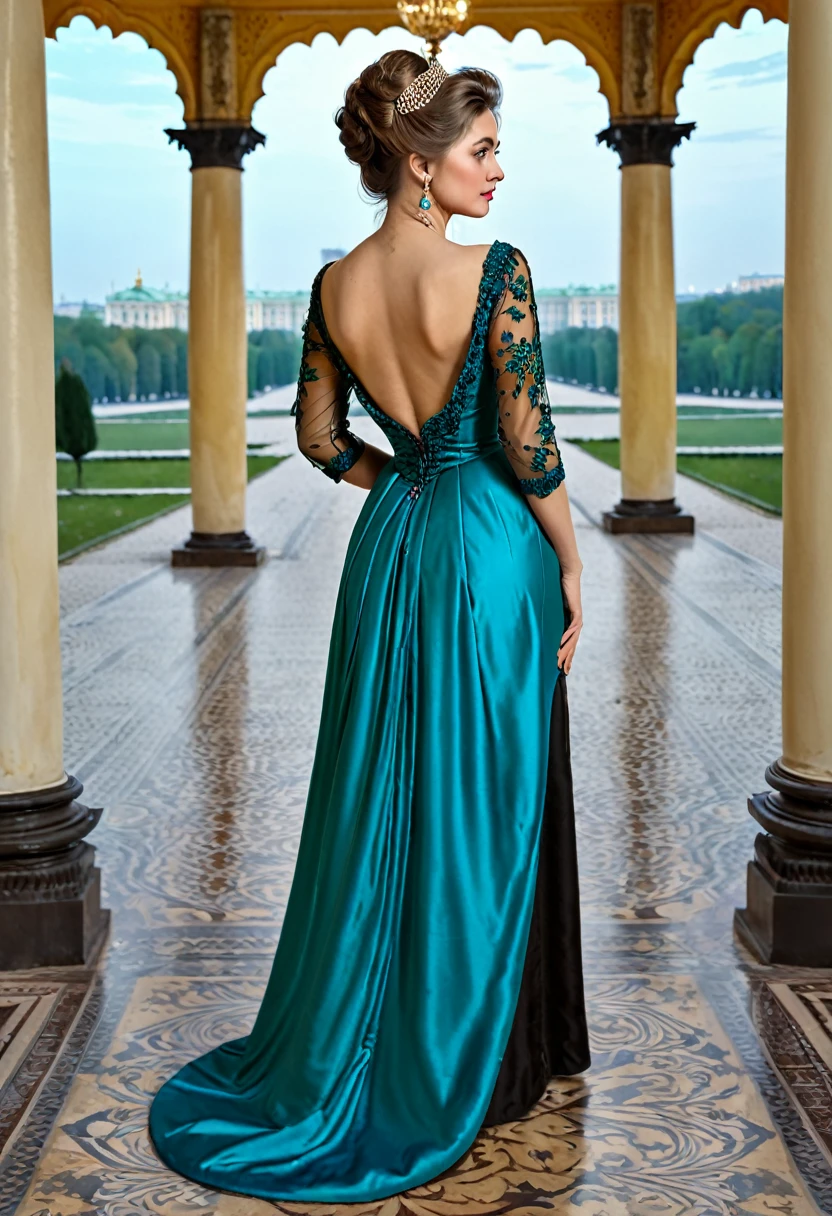 Pavilion against the background of the palace, antique order, beautiful landscape from behind, woman in the pavilion, Russian, an aristocrat, Dressed in an evening gown, deep neckline, lifted up her dress, shows stockings, wonderful lady, Full length photo, high quality, in detail