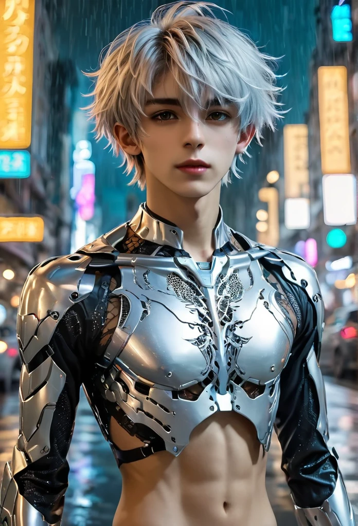 {{master piece}}, best quality, photograph of sexy twink, ((wearing no armor)), ((small flat soft human chest, armor does not cover his soft bare skin on his chest and bare torso, ((exposed flat pectoralis muscles)), handsome detailed eyes, handsome boyish face, detailed cyberpunk city, flat chest, handsome detailed hair, wavy hair, handsome detailed street, mecha clothes, robot boy, cool movement , skinny twink body, {filigree}, dragon wings, colorful background, rainy days, {lightning effect}, beautiful, detailed sliver dragon armor，