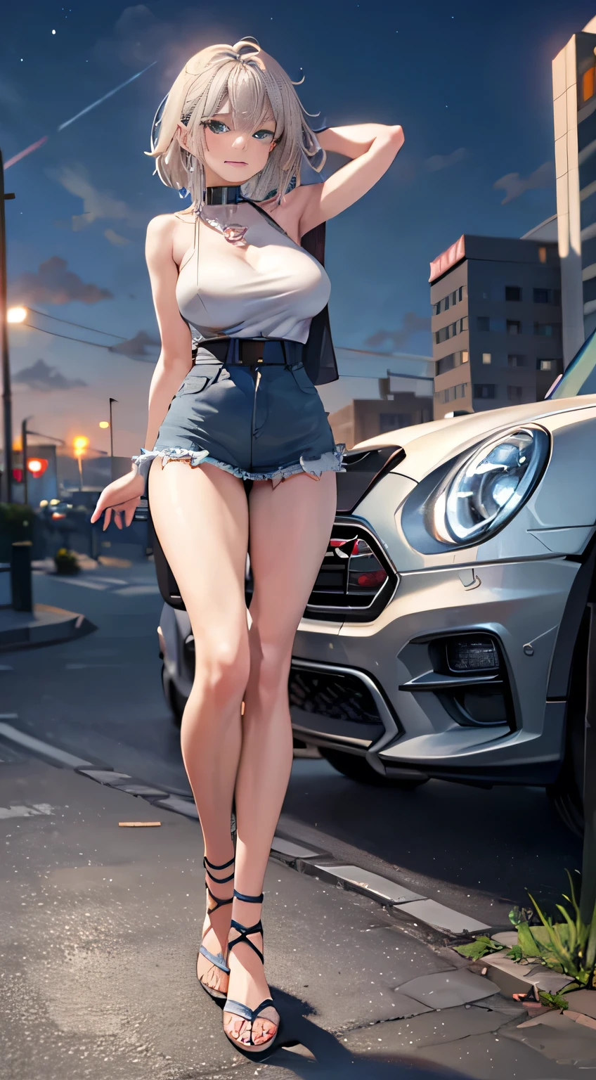 Huge breasts)),Short Bob,((Blonde,blue eyes)), Dawn, sunlight, (Perfect body : 1.0), collar, Lock, Full Body Shot, Long, slender legs, Wearing a black tank top, Jeans jacket, ((Tight denim mini skirt)),(masterpiece), (Highest quality:1.0), (ultra High resolution:1.0), Beautiful lighting , Perfect Lightning,Realistic Shadows, [High resolution], Detailed skin, Highly detailed toes,Put your arms behind your head, Big Breasts, Anime Style