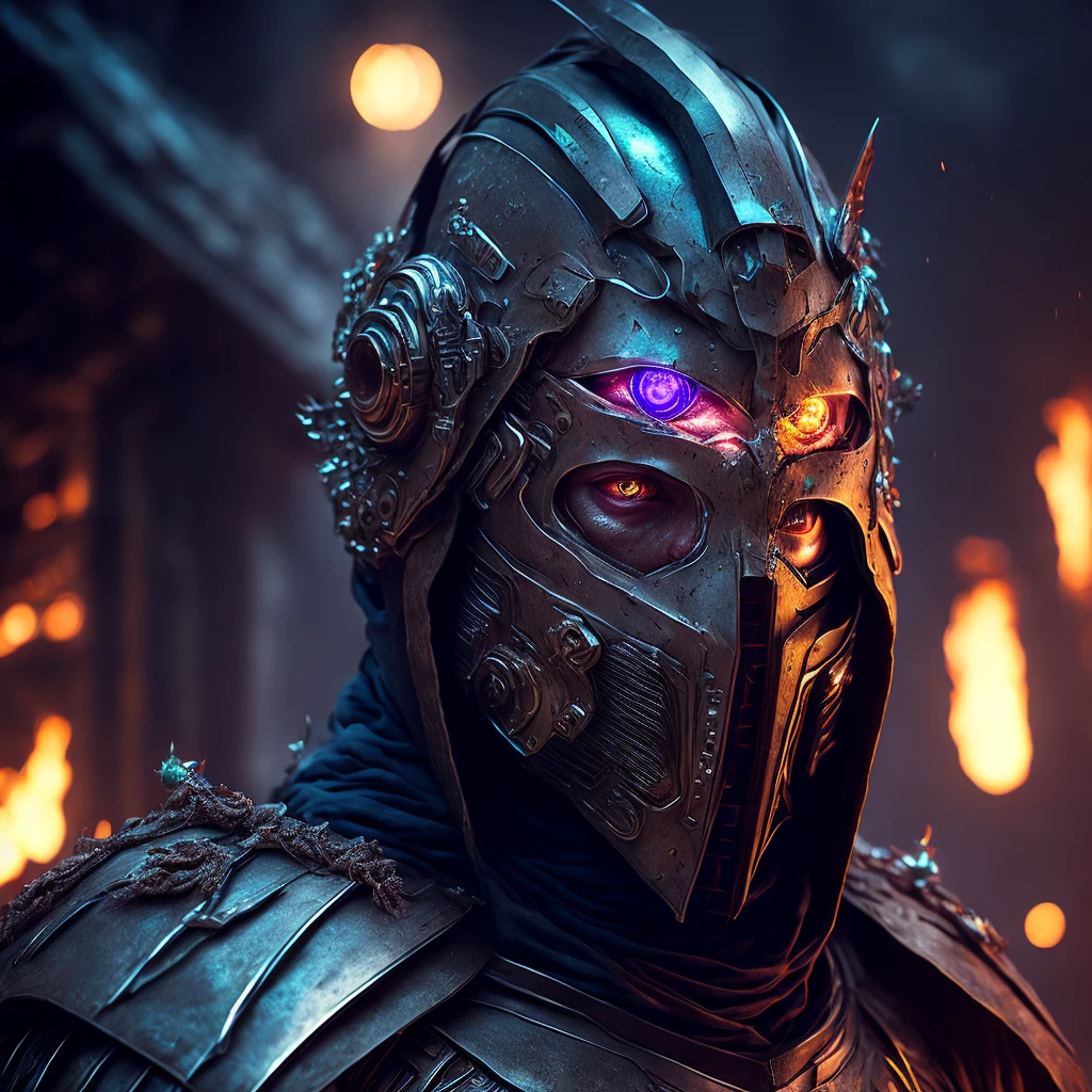 breathtaking cinematic sci-fi photo portrait of the inhuman masked Grim, wrapped in a versatile smoked chrome metallic leather, the body completely glows inside, glowing colorful eyes, multifaceted eyes, metal hands, inside a destroyed building, extremely formidable creature, very detailed, award-winning