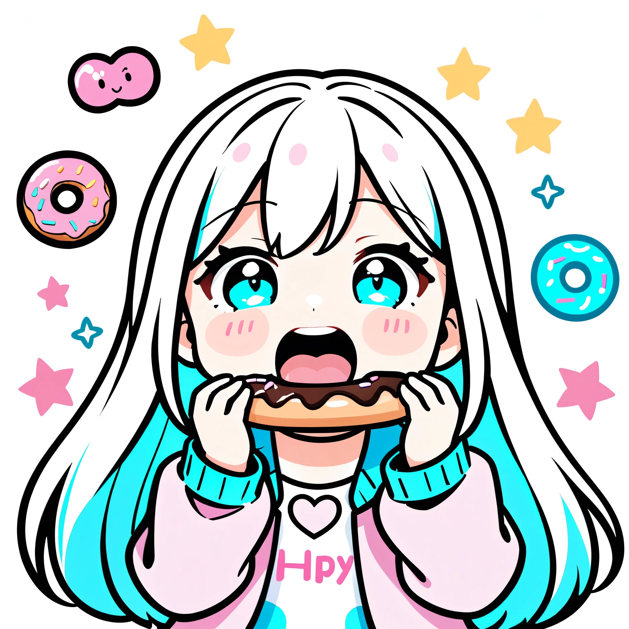 ((Simple Bold Line Drawing)),Expression, cute expression, a chibi little girl is eating a doughnut, her eyes are shining, very happy
