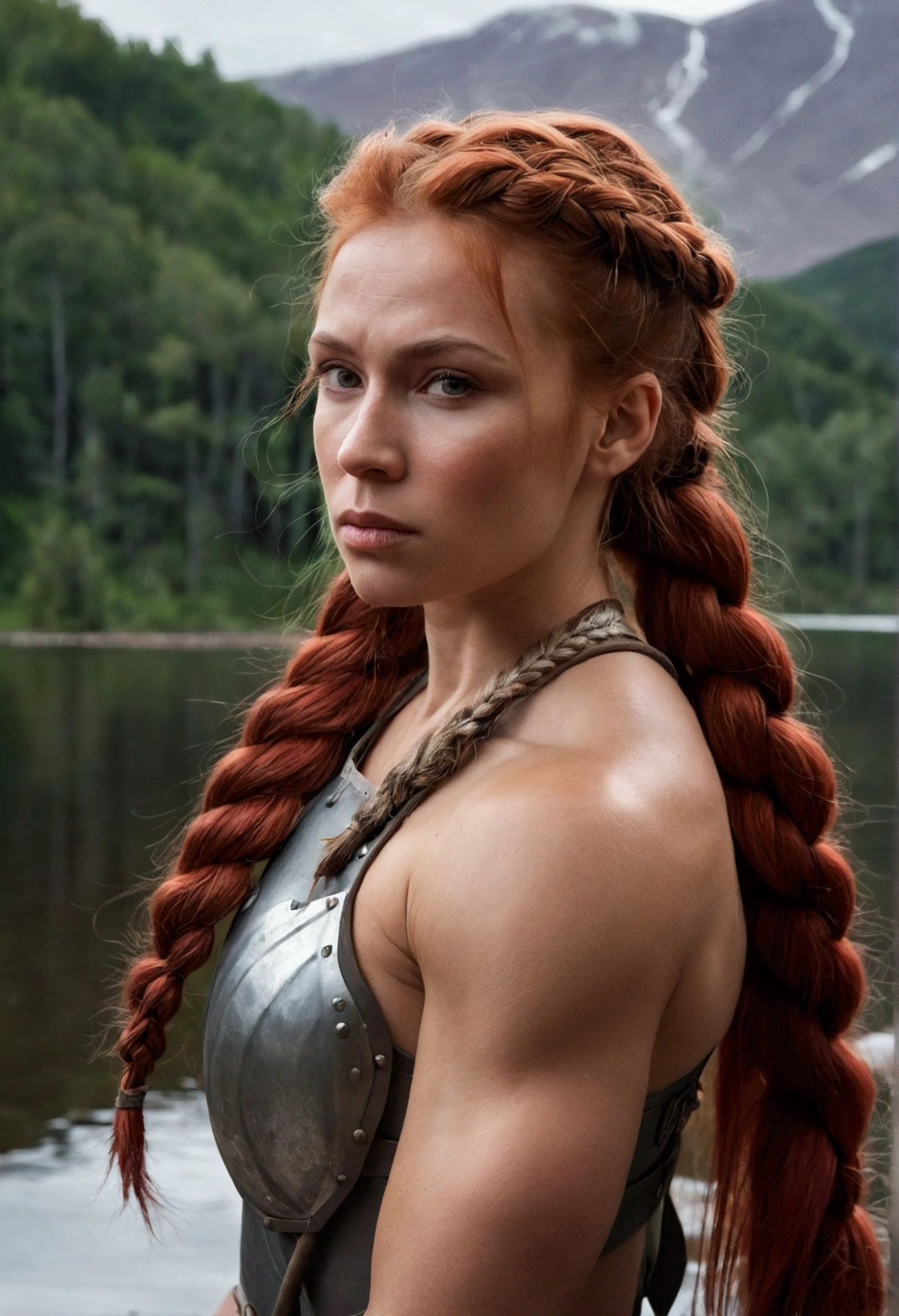 Woman, One, Portrait, 32 year old Russian Muscular, Naked, Russian costume, Armor, , Red hair, Messy hair, Medium hair, Braided hair, Fluffy hair, Long hair, Dark light skin, Forest, Lake, Mountains, Snow, Realism