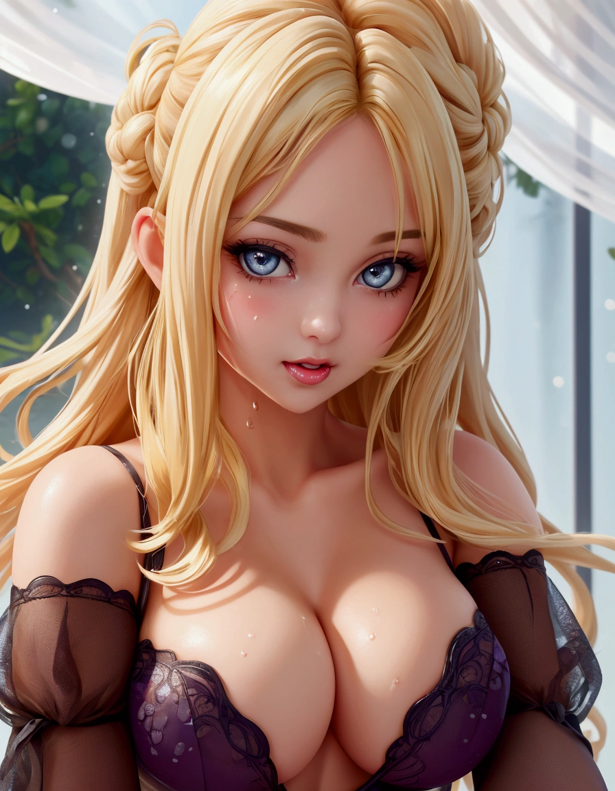 close-up of a woman with very large breasts, blonde goddesses, deep cleavage, transparent wet bra, very beautiful face, gorgeous blonde, Shows her big tits, sensual mouth, loving look, professional portrait photo, high quality,