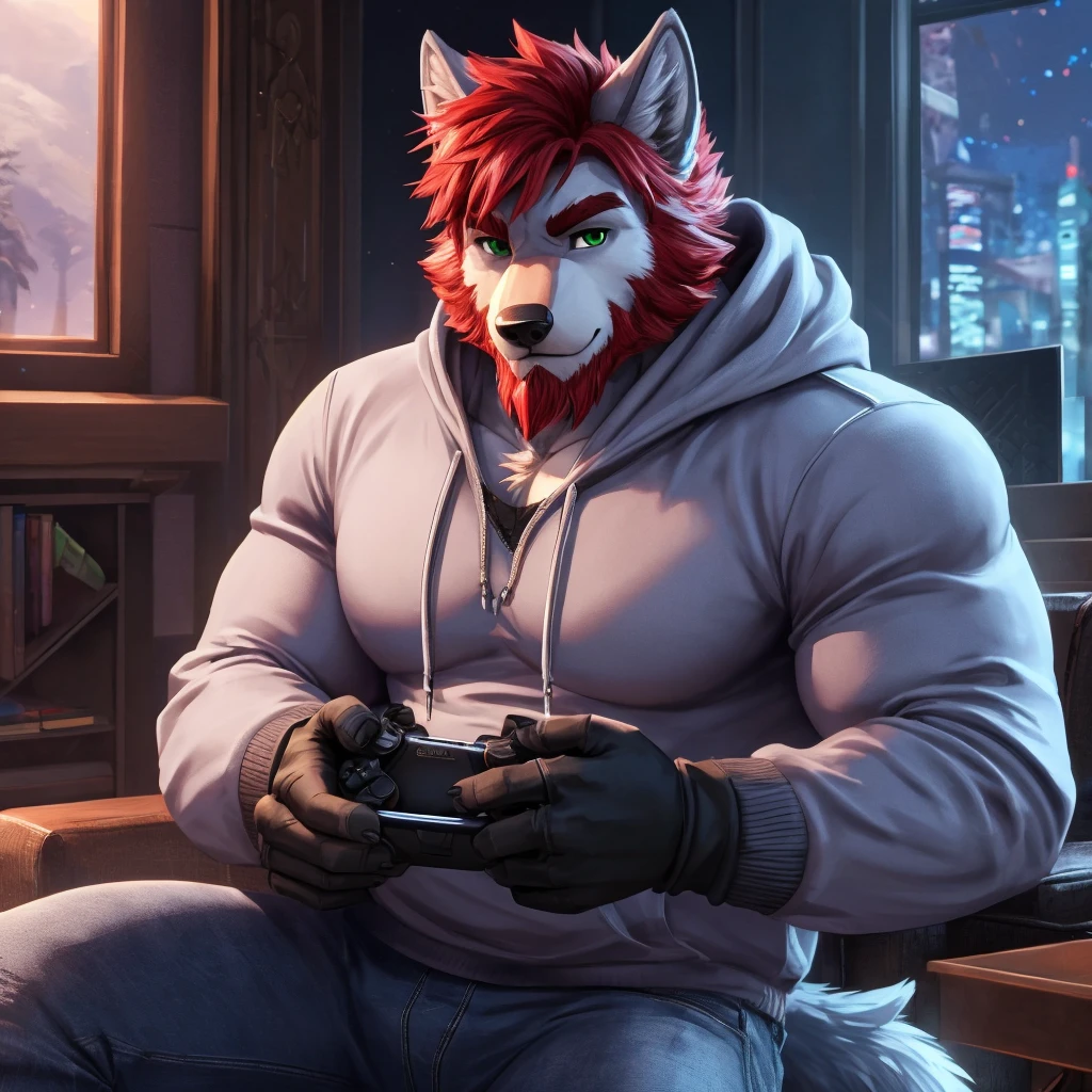 ((best quality)), ((masterpiece)), (Ultra detailed), ((4k)) , Solo , Anthro Wolf , Light Blue Fur , Red hair , Short Hair , Beard , Handsone , Good Looking , Green Eyes, (Eyes Details), Middle Ages , Huge Pecs , Muscular Fat ,
Sweatshirt , Long Sleeve , Rolled Up Sleeves , Wearing Jeans, Black Gloves , Gaming , Cool pose