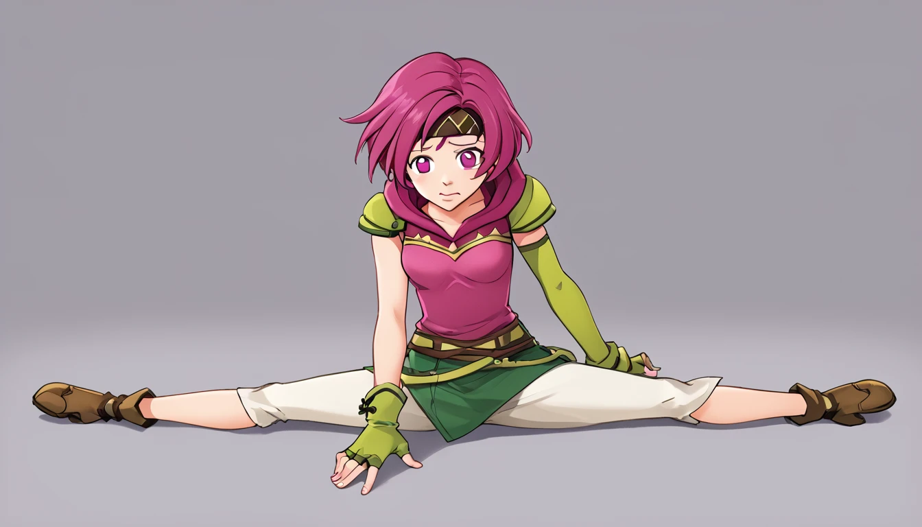 NSNeimiFE8, short hair, pink eyes, headband, uneven gloves, single pauldron, fingerless gloves, green gloves, single elbow glove, pink hoodie, sleeveless, green skirt, white pants, capri pants, pants under skirt, multiple belts, asymmetrical clothes, 1girl, solo, Sitting, On the floor, Split Horizon, stretch, horizontal splits, stretch regs, hands on floor, embarrassed