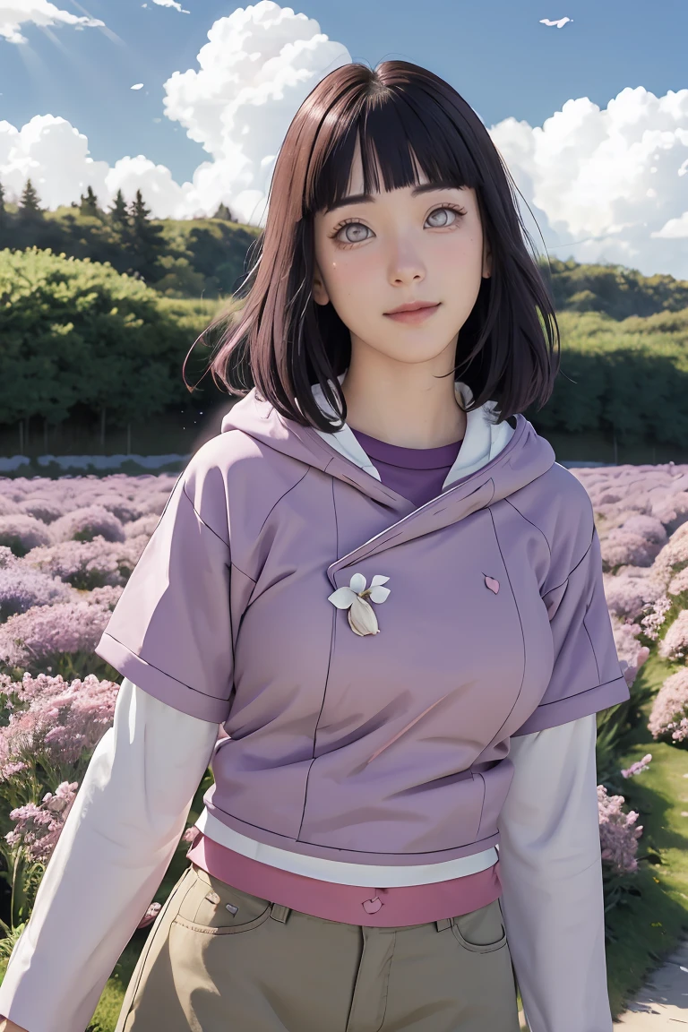 masterpiece, absurdres, hinata\(boruto\), 1girl, solo,mature female, purple hoodie,layered sleeves, brown pants, outdoors,lavender flower field, looking at viewer, (falling petals), cloudy sky, perfect composition, detailed lips, big breast, beautiful face, body propotion, blush, (pink lips), long hair, purple eyes, soft gaze, sad smile, super realistic, detailed, photoshoot, realistic face and body, realistic hair, realistic eyes, realistic nose, realistic lips