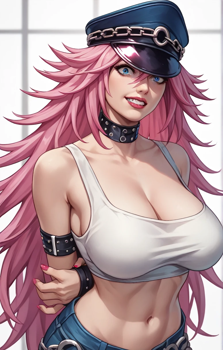 score_9, score_8_up, score_7_up, masterpiece, high quality 1girl, pink long hair, nail polish, poison, white crop top, huge , hands behind back, denim shorts, long hair, (face focus:1), blue eyes, ultra-detailed, masterpiece, highest quality, detailed eyes, hat, big breasts, shocked expression, taken by surprise, arms behind back, big grin