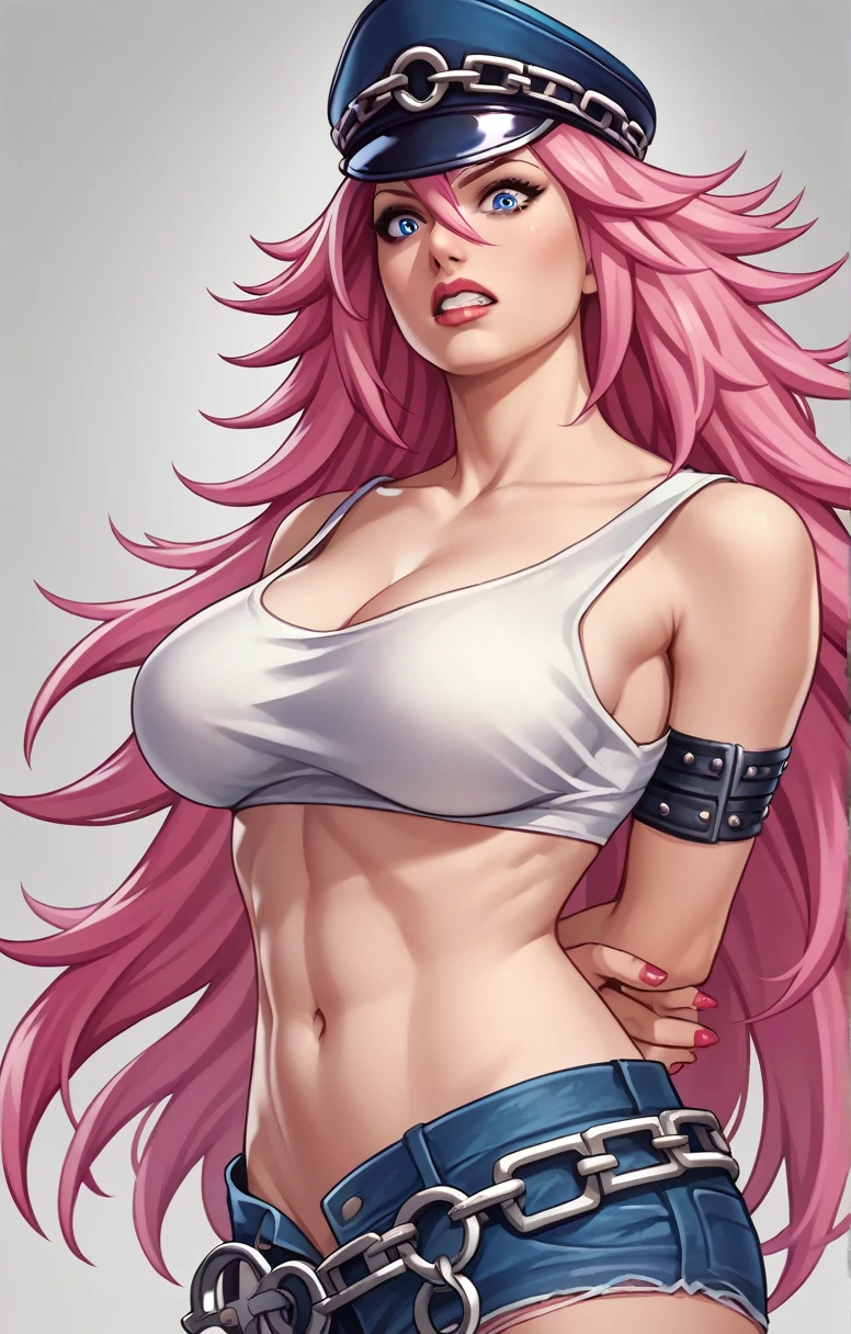 score_9, score_8_up, score_7_up, masterpiece, high quality 1girl, pink long hair, nail polish, poison, white crop top, huge , hands behind back, denim shorts, long hair, (face focus:1), blue eyes, ultra-detailed, masterpiece, highest quality, detailed eyes, hat, big breasts, shocked expression, taken by surprise, arms behind back, big grin