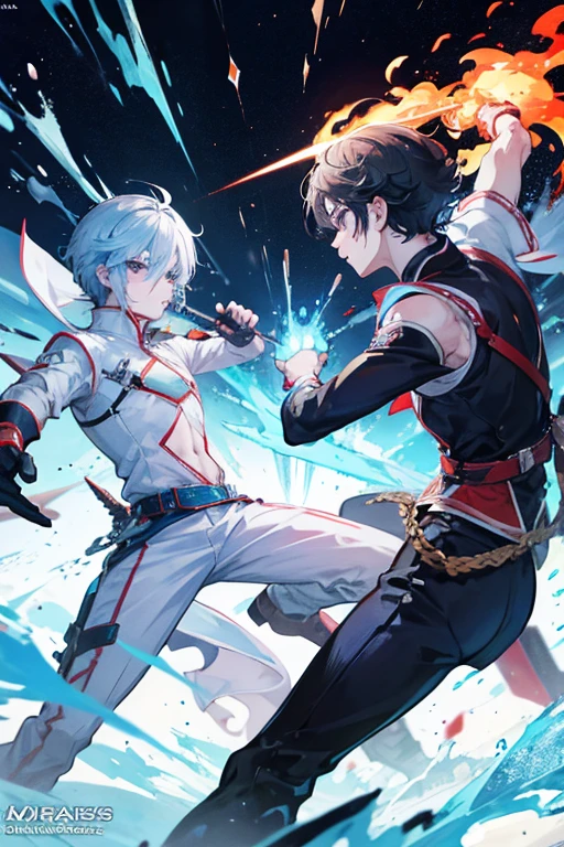 2 anime boy fighting each other with fire and ice dagger