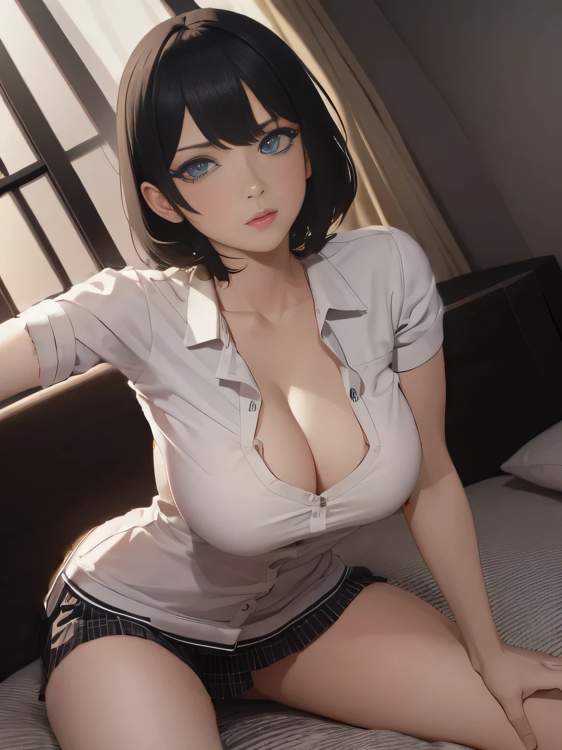 (1girl:1.3), Masterpiece, Best quality, amazing beauty, 4K, absurdres, finely detail, super detailed eye, perfect anatomy, official art, cinematic lighting, BREAK, bedroom, silky short hair, black hair, super shiny detailed blue eyes, shy face, BREAK , big breasts, slim, pale skin, sitting bed in bedroom, BREAK , (school uniform:1.2), BREAK,()				