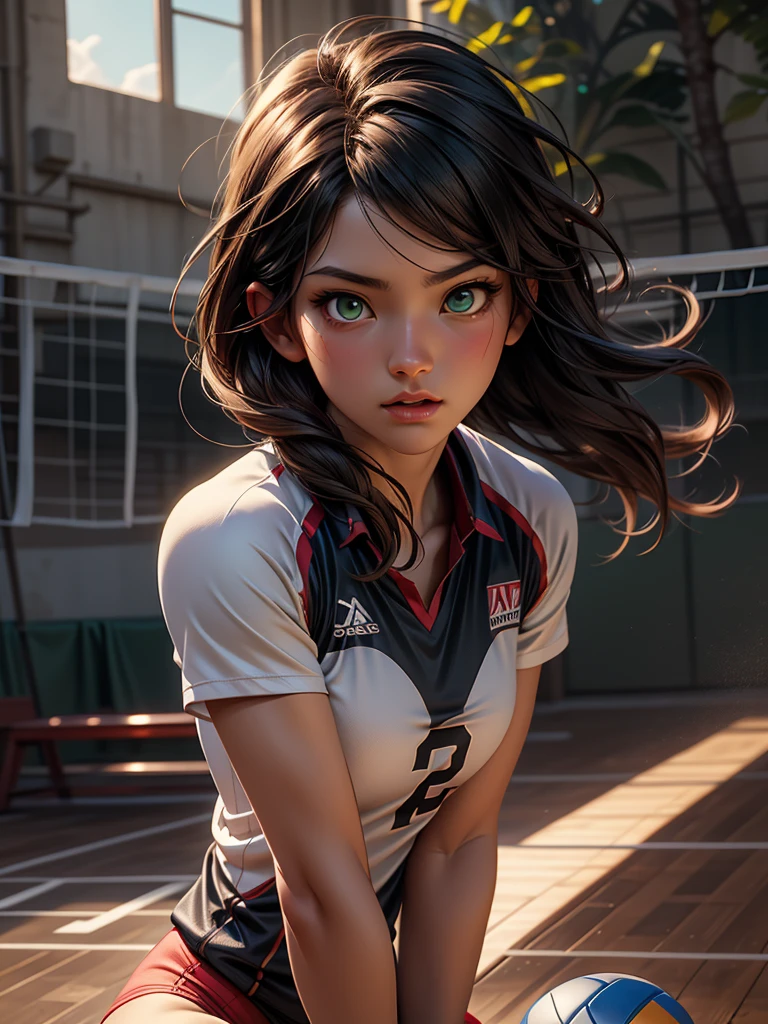 shoichi, Upload to e621, By Pixelsketcher, Bayard Wu, Thomas Benjamin Kennington , Einshelm, alone, whole body, volleyball uniform, volleyball, volleyball court, Green Eyes