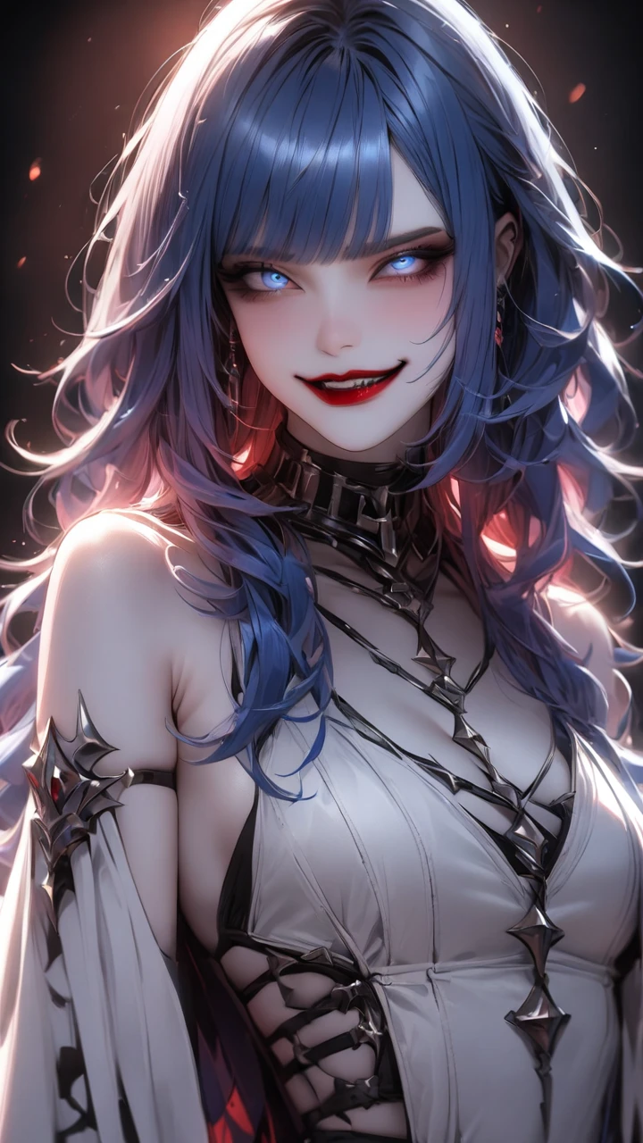 highest quality、masterpiece、1 girl、black background、blue hair:1.5、blue eyes、red lips, white clothes、Black and white world、Black and white world、pale skin、side blade, evil smile 