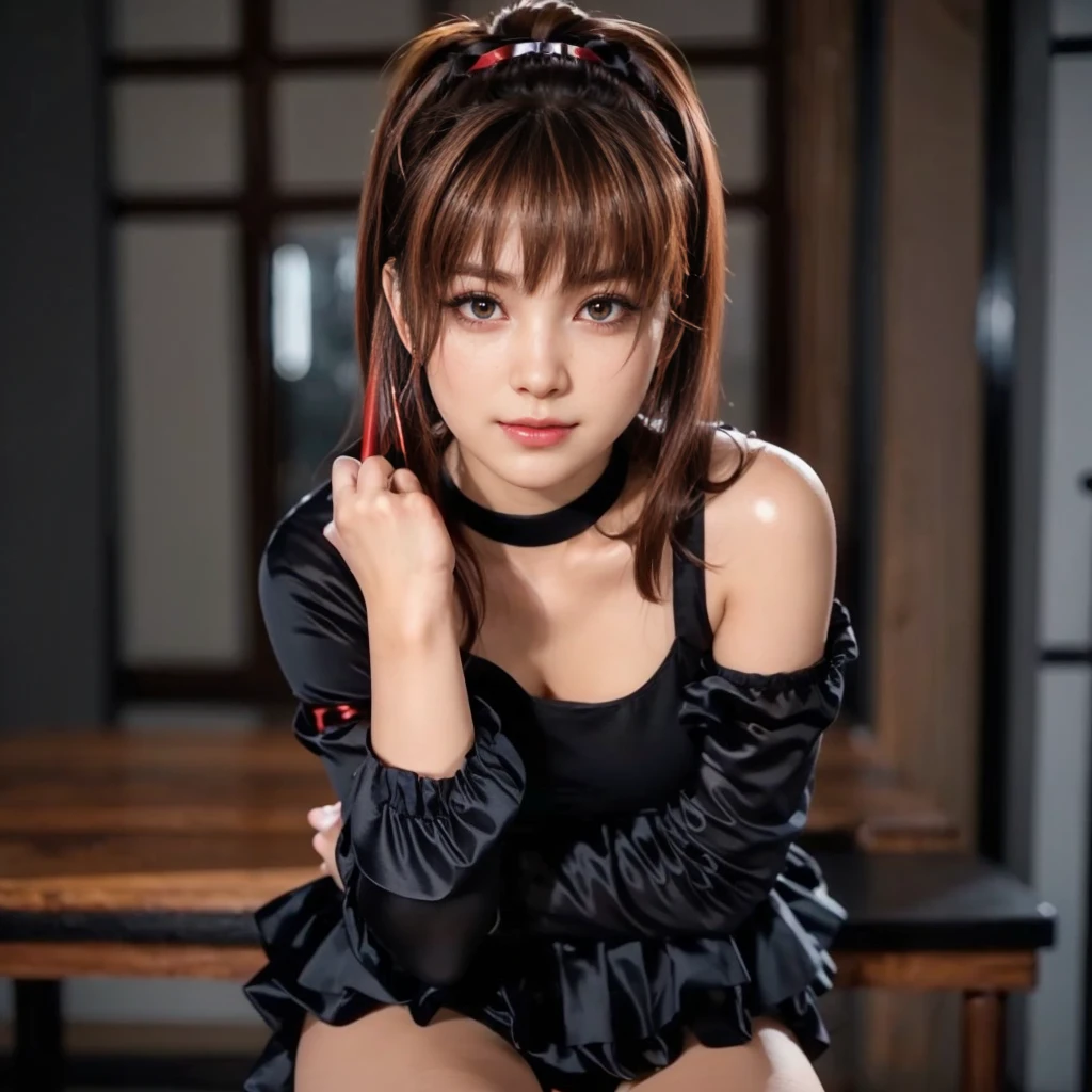 kasumi, eyes browns, (best qualityer, ultra detali), (realisitic:1.37), beautiful and detailed face, ultra-realisitic texture, 精致的面容, Delicate body, red lipgloss stick, shiny colors. High definition, 8k, expression with a slight cute smile