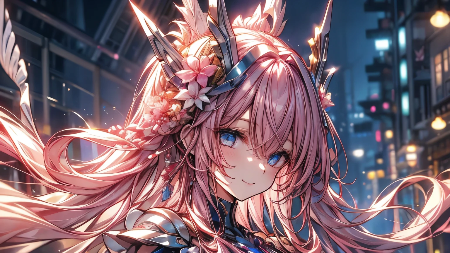 Masterpiece、Pink Hair、Delicate eyes、smile、Tied up hair、Beautiful hair ornament、Upper Body、night、Ocean