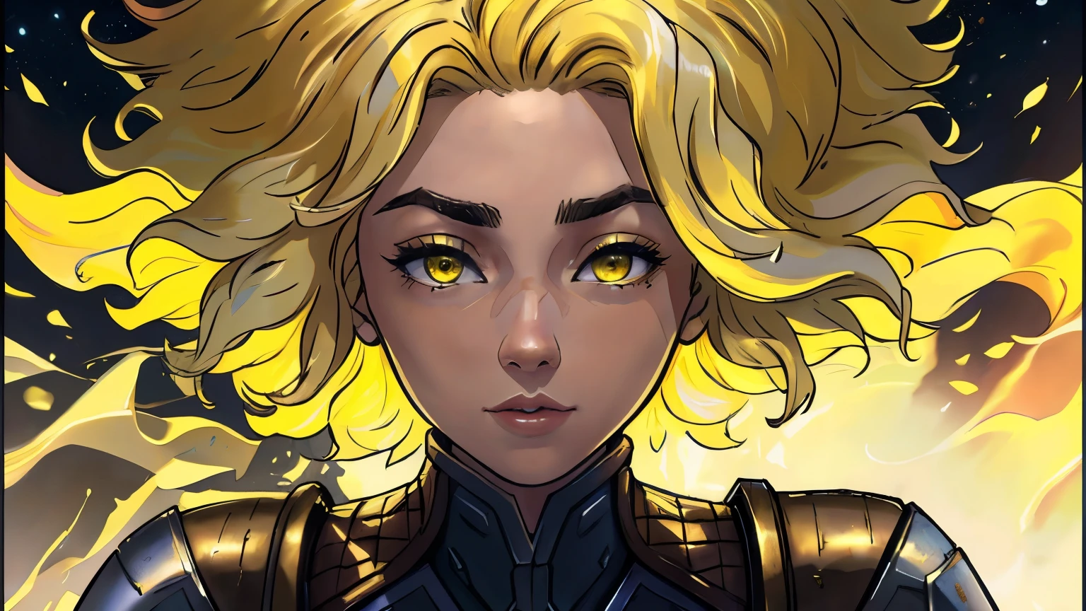 ((best quality)), ((masterpiece)), (detailed), rell \(league of legends\), yellow hair highly detailed face, (perfect face:1.3), brown-yellow eyes, light-brown skin, female, looking up in the sky wearing metal armor (masterpiece)), ((realistic)), (hyperrealism:1.2), (fractal art:1.2), vibrant colors, high contrast, (8K UHD:1.2), (photorealistic:1.2). extreme detailed eyes, colorful, highest detailed, short hair, yellow hair, yellow brown background, sandstorm
