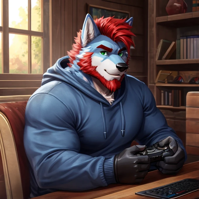 ((best quality)), ((masterpiece)), (Ultra detailed), ((4k)) ,  Solo , Anthro Wolf , Light Blue Fur , Red hair , Short Hair ,Stubble Beard , Handsone , Good Looking , Green Eyes, (Eyes Details), Middle Ages , Huge Pecs  , Muscular Fat , 


Sweatshirt , Long Sleeve , Rolled Up Sleeves , Wearing Jeans, Black Gloves , Gaming , Cool pose