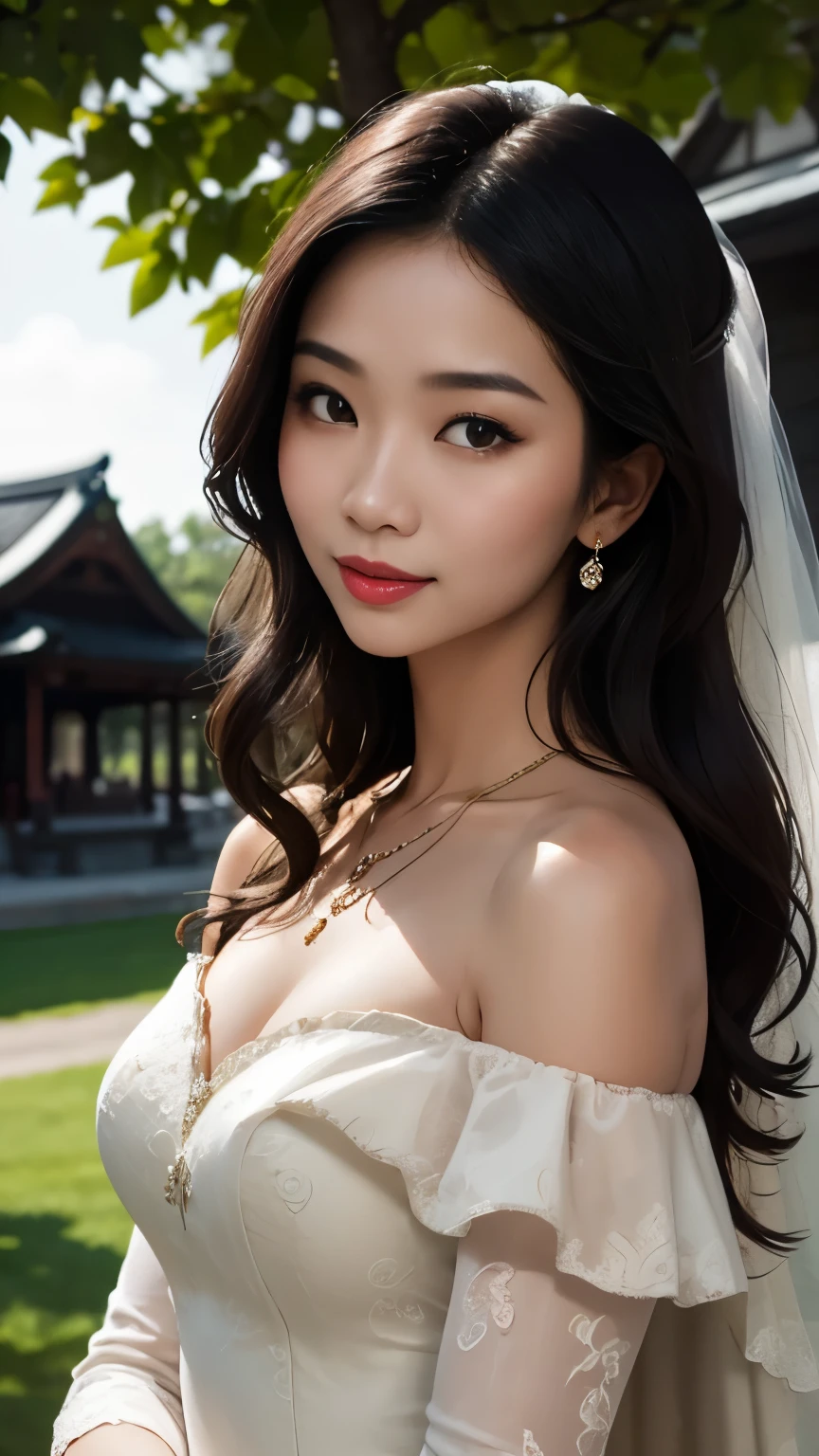 MALAY GIRL, masterpiece, High quality, UHD 32K, Realistic face, Realistic skin feeling , A Japanese Lady, Very cute face, CUTE GIRL, jewelry, necklace, wedding dress, off the shoulder, garden, church