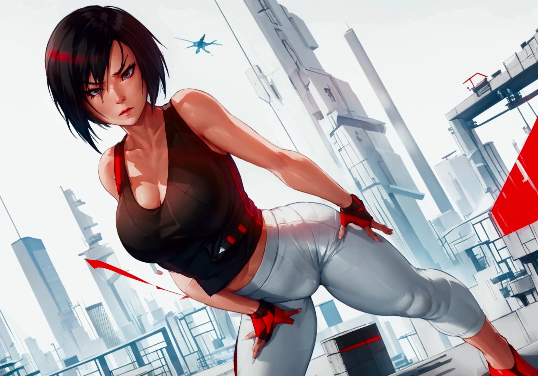 POV. Asian woman, Short black hair. Tight White pants, black tank top. FaithConnors, Mirrors edge Catalyst. Lifting tank top. Exposing nude breasts