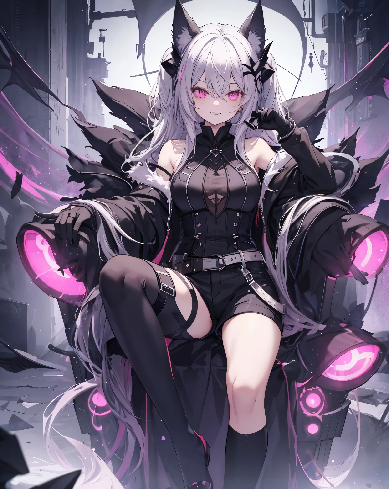 1girl, cat ears, neko ears. She's sitting on a throne of bones. solo, sharp_teeth, teeth, hood, pink_eyes, open_mouth, horns, smile, long_hair, ring, hood_up, gloves, looking_at_viewer,  black_gloves, glowing_eyes, jewelry, fur_trim, glowing, hair_between_eyes, fingerless_gloves, building, grey_hair, (neon), (evil smile:1.4), evil  . Cute smile with vampire canines, fox tail. 8k
Bare shoulders, sexy shorts, she's flirting.

