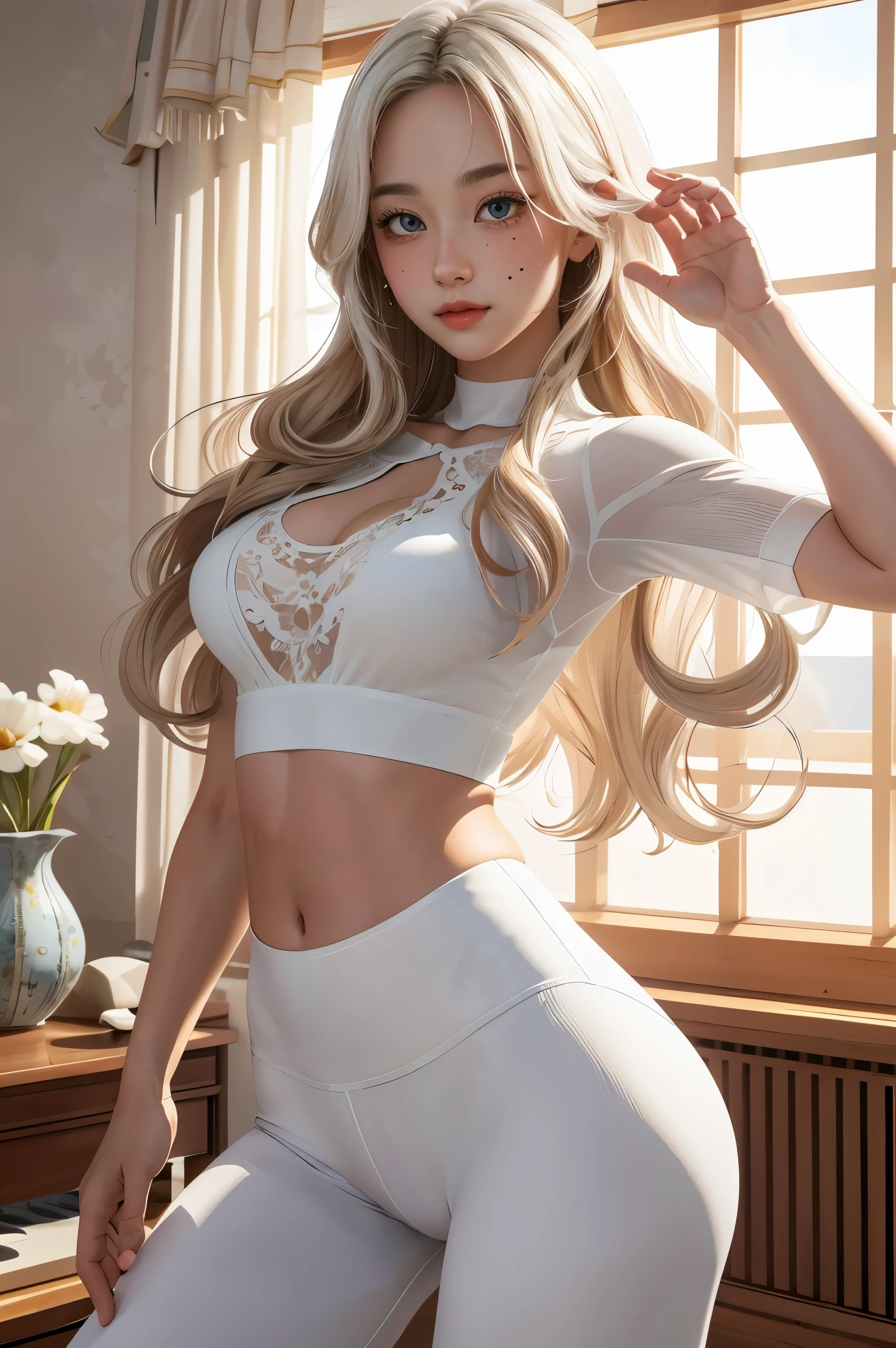 (hyperrealistic), (illustration), (high resolution), (8K), (extremely detailed), (best illustration), (beautiful detailed eyes), (best quality), (ultra-detailed), (masterpiece), ( wallpaper), (detailed face), solo, 1 girl, white wavy hair, korean, heterochromic eyes, small moles under the eyes, loose white shirt, yoga pants, big breasts, long legs, tight abs, camel toes, dynamic pose