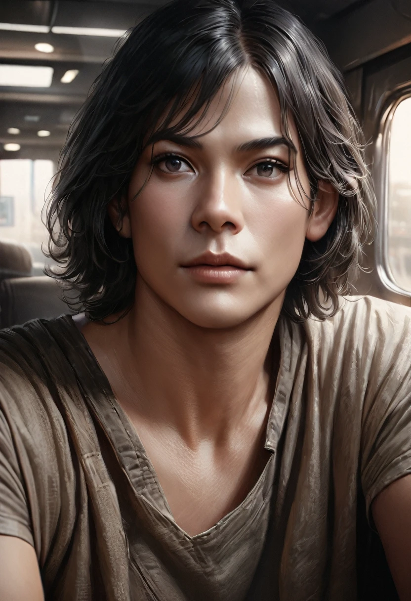 (best quality,4k,8k,highres,masterpiece:1.2),ultra-detailed,(realistic,photorealistic,photo-realistic:1.37),1guy,short hair,black hair,(black eyes),interior,detailed eyes