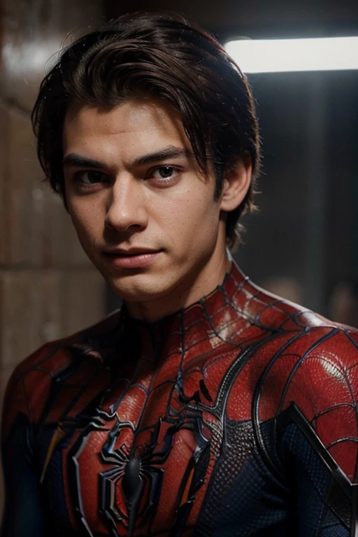 A photograph of spider man, no mask, 20 yo, handsome, detailed face, looking at camera, portrait, 8k uhd, high quality