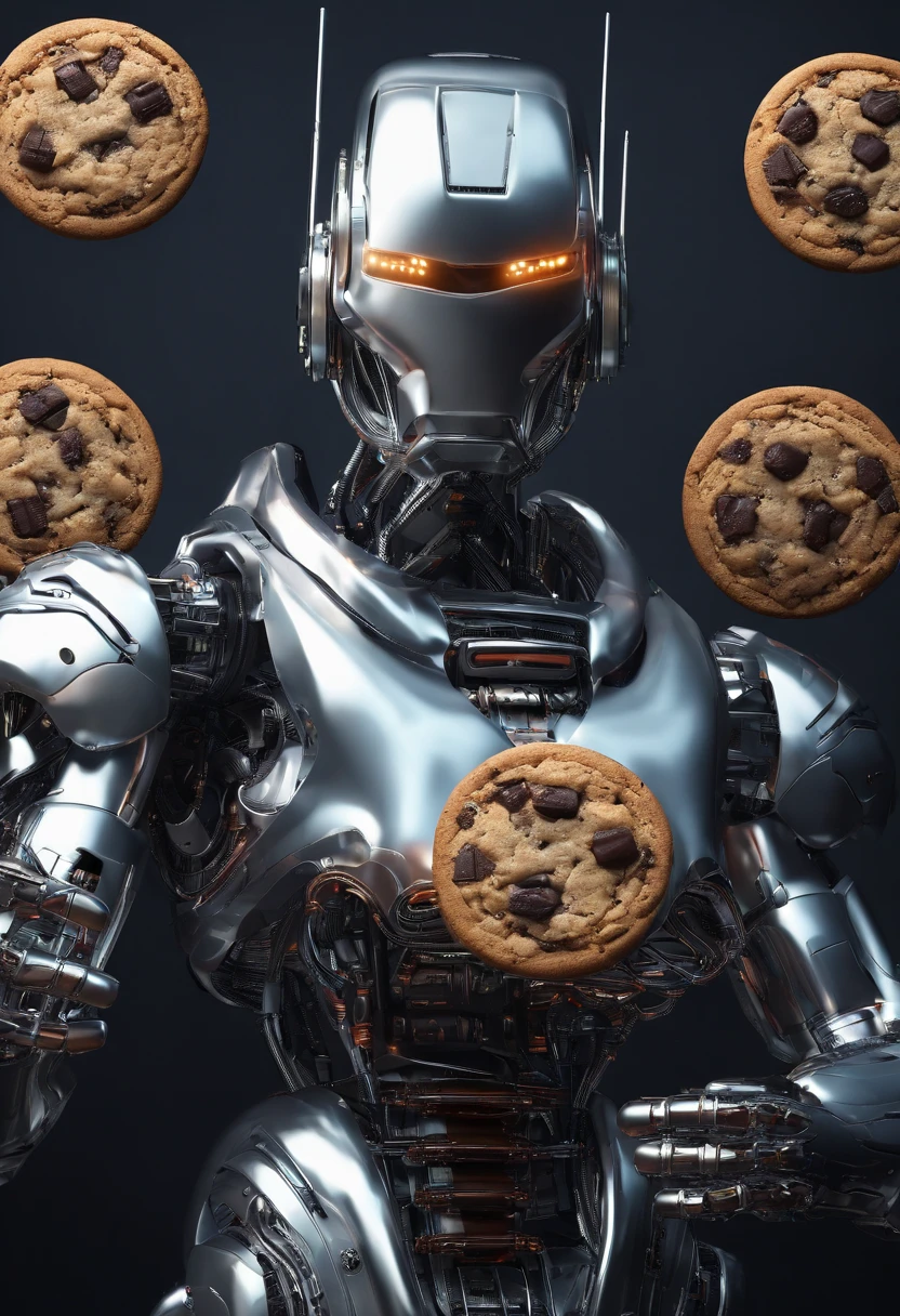 A robot holding a plump brown cookie in its hand; brown cookie in a robot&#39;s hand, an android holding a fat chocolate cookie in its hand; realisitic; 4K; ANDROID; professional photographer; best photographer in the world; android holding a brown cookie; Technological world; advanced technology; androide com cookies marrons na mão; cookies; cookies gordos marrons; cookies marrons; cookies gordos 