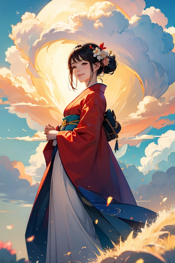 A beautiful woman in a kimono greets the morning with a smile against the backdrop of summer cumulonimbus clouds