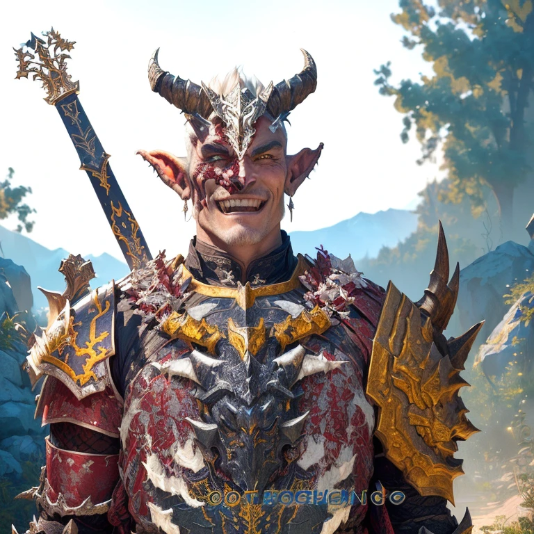there is a man dressed in armor with a horned head and a sword, Set male demon with white horns, hyperdetailed fantasy character, photo of an adult male warrior, draconic-looking armor, wearing sculpted textured armor, an orc smiling into the camera, ornate armor covered in thorns, wearing sculpted textured armor, an orc, intricate armor details, tema orc