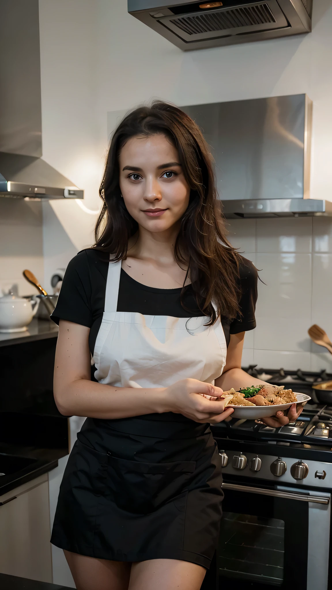 young german woman, black medium hair, brown eyes, 33 years old, cook lover, smirk, cooking in the restaurant, wearing apron


