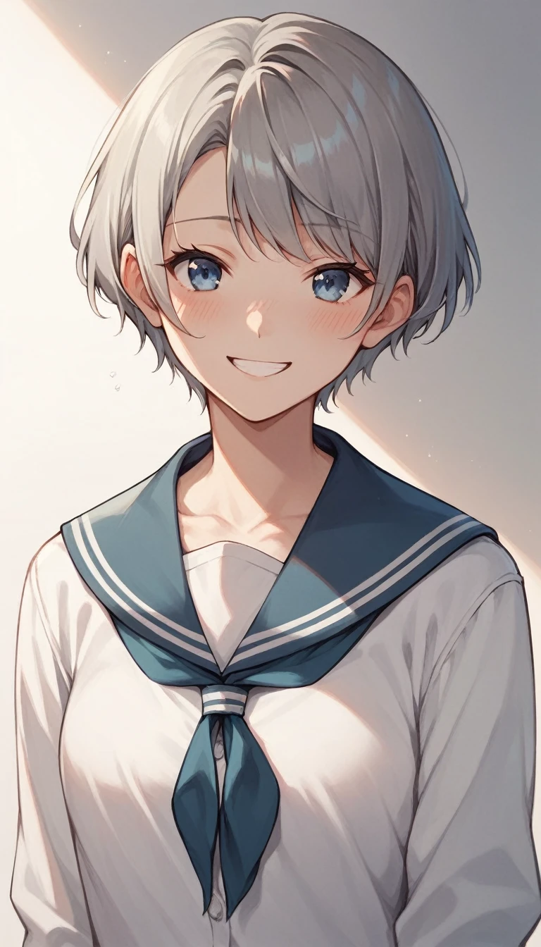 16K,One girl, Katsuragi lily,blue eyes,Gray Hair,short hair,Braiding,,Sailor collar,White shirt,The button is off,View,blush,smile,It&#39;s hot,Anime illustration,On the bed,on back,lying,nsfw,Lower body naked,sex,Insert,Sex,Insert部,shortness of breath,