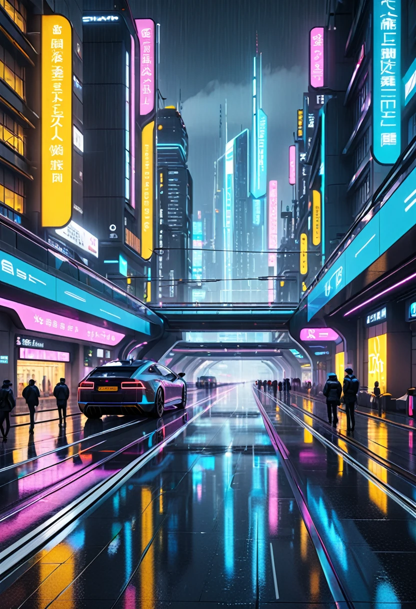 ((masterpiece)),((Highest quality)),((Attention to detail)),((Realistic,)) Future City, Architecture Street, Futuristic railway line, cyber punk, building, night, European cities, Rainy, neon