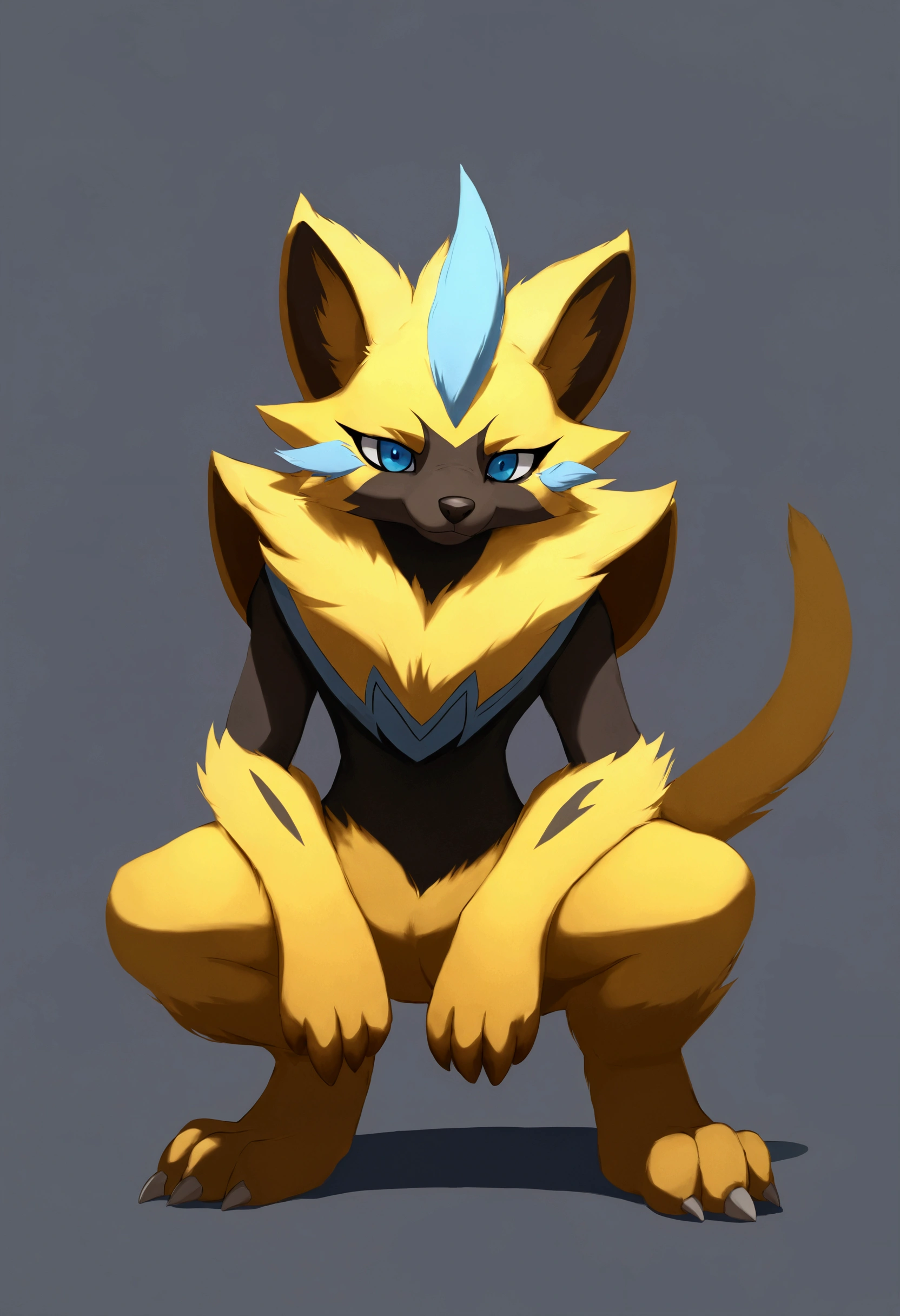 nj5furry,furry,the second,Alone,masterpiece,High detail,best shadow,Zeraora,Pokémon,blue eyes,blush,Slavic squat,paw posture,kissed face