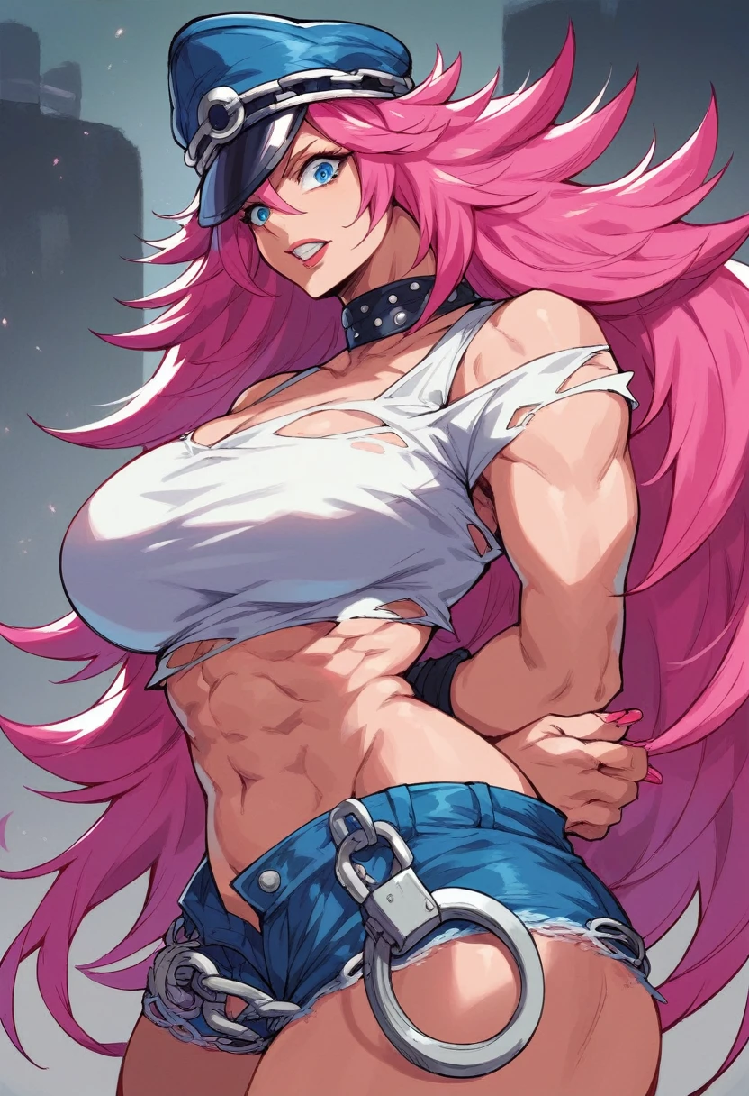 score_9, score_8_up, score_7_up, score_6_up, score_5_up, score_4_up, Female Poison from Street fighter, masterpiece, high quality 1girl, pink long hair, nail polish, poison, white crop top, huge , hands behind back, denim shorts, long hair, (face focus:1), blue eyes, ultra-detailed, masterpiece, highest quality, detailed eyes, hat, big breasts, shocked expression, taken by surprise, arms behind back, big grin