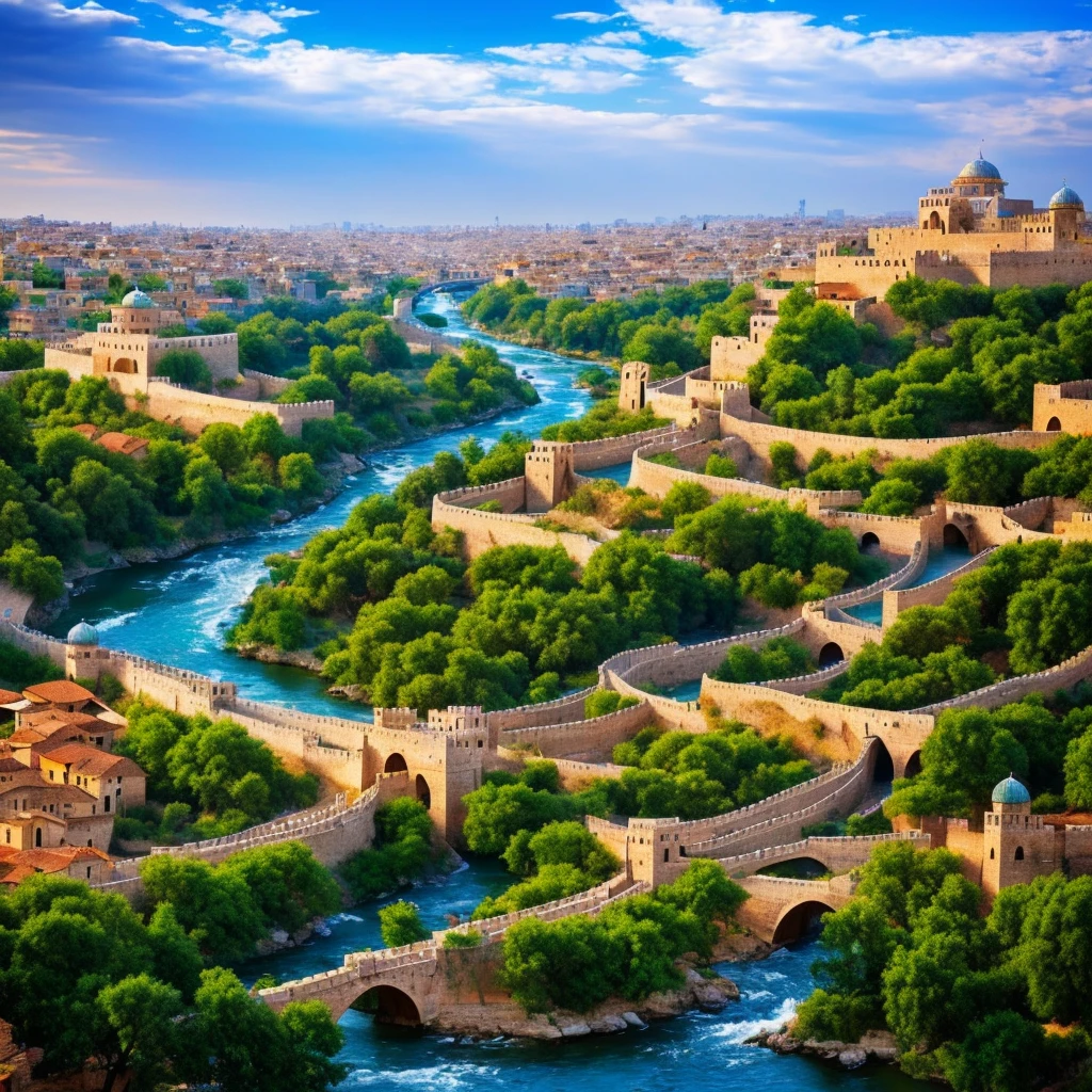 1. **Celestial City**: The New Jerusalem is a heavenly city, the abode of God and the righteous.
2. **Jade Walls**: The city has a great wall with twelve gates. Each door is made from a single pearl, and the wall is made of jasper.
3. **Twelve Fundamentals**: The wall has twelve foundations, each with a different gemstone (sapphire, carnelian, emerald, entre outras).
4. **golden street**: The city streets are pure gold, like clear glass.
5. **Light and Absence of Darkness**: The city doesn't need the sun or the moon, for the glory of God enlightens her, and the Lamb (jesus) It's your lamp.
6. **tree of Life**: In the middle of the town square, There is a tree of life that bears fruit monthly and whose leaves are for the healing of the nations.
7. **river of life**: A pure river of water of life flows from the throne of God and the Lamb, in the middle of the city's main street.
8. **Beauty and Greatness**: The city is described as being of incomparable beauty and grandeur., with a perfect and harmonious design.
These features can be combined to create a visually rich and detailed image of the New Jerusalem.