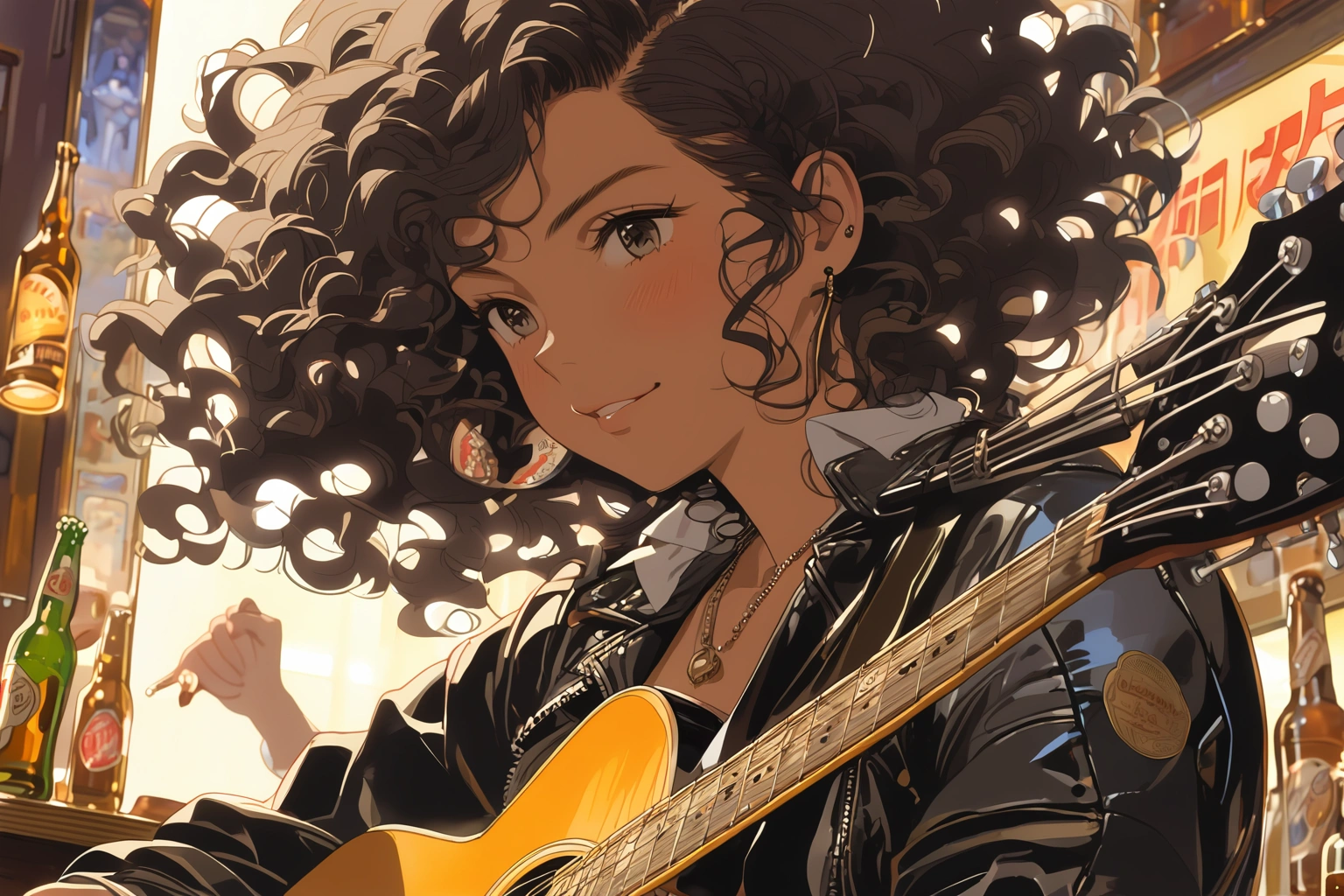 Dutch Angle. Closeup of a woman with curly hair, leather jacket and mini skirt playing guitar in a bar. Background is a fat man drinking beer. Style by J.C. Leyendecker. style by Makoto Shinkai