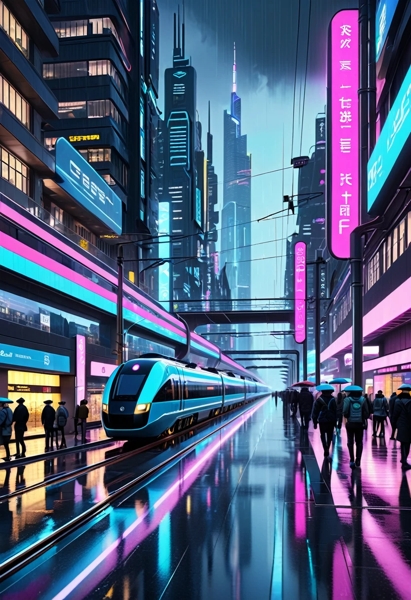 ((masterpiece)),((Highest quality)),((Attention to detail)),((Realistic,)) Future City, Architecture Street, Futuristic railway line, cyber punk, building, night, European cities, Rainy, neon