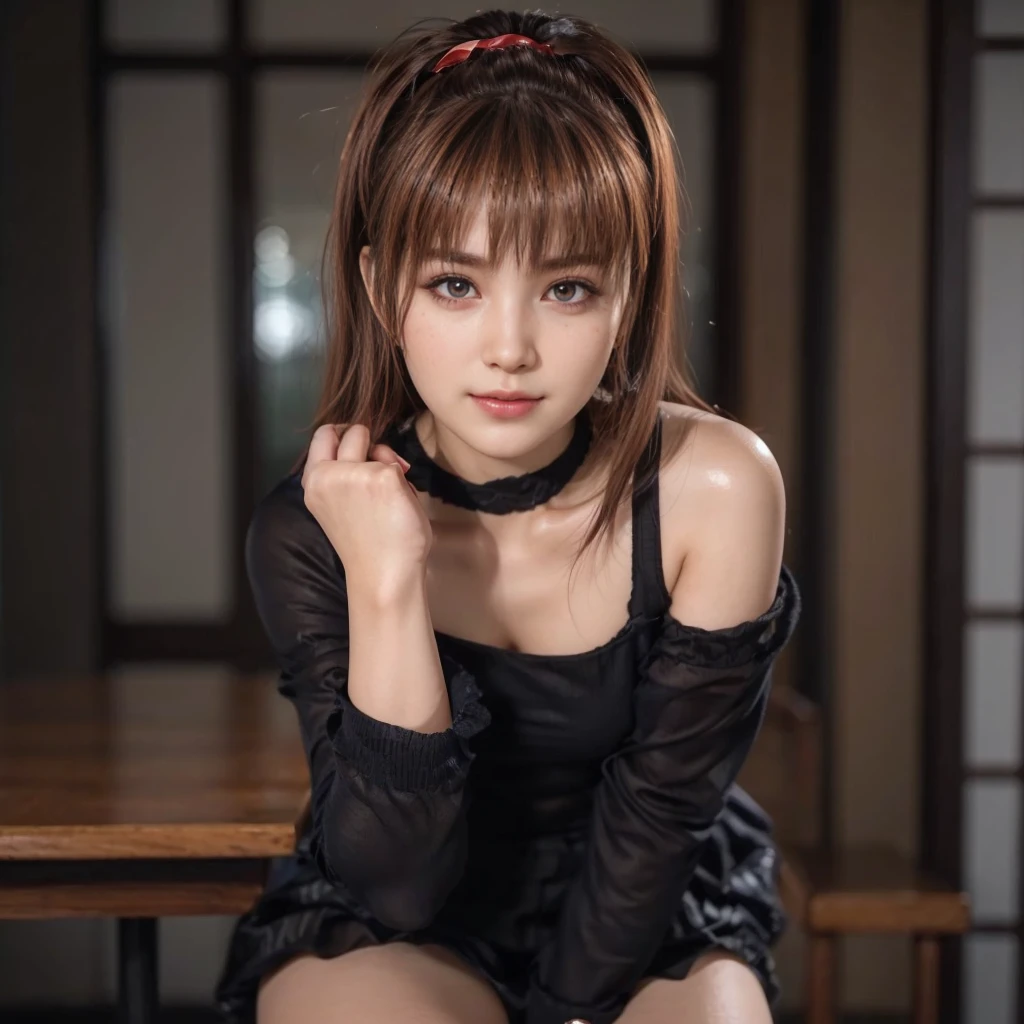 kasumi, eyes browns, (best qualityer, ultra detali), (realisitic:1.37), beautiful and detailed face, ultra-realisitic texture, 精致的面容, Delicate body, red lipgloss stick, shiny colors. High definition, 8k, expression with a slight cute smile